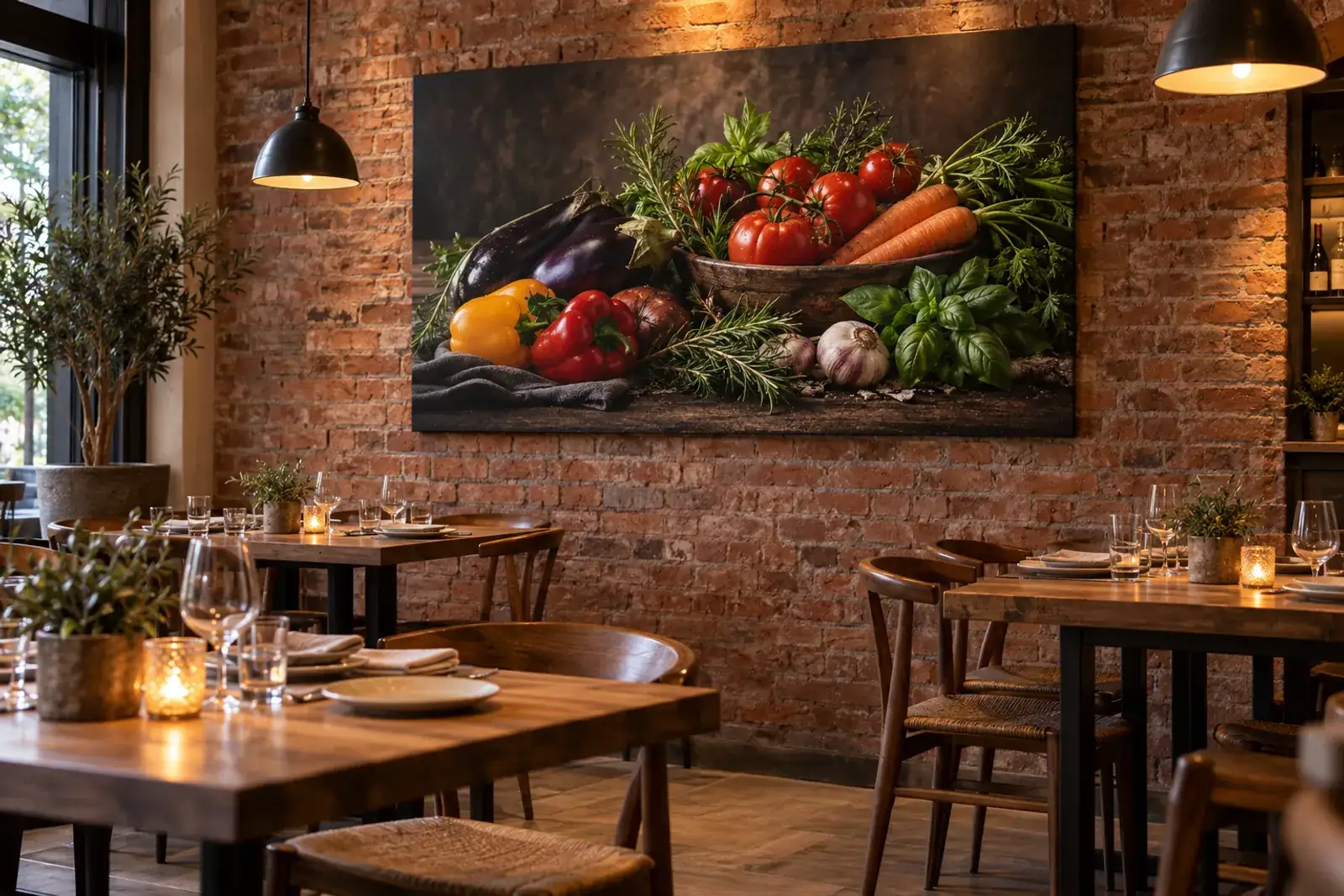 Restaurant cu perete de cărămidă aparentă și un tablou canvas mare agățat deasupra meselor