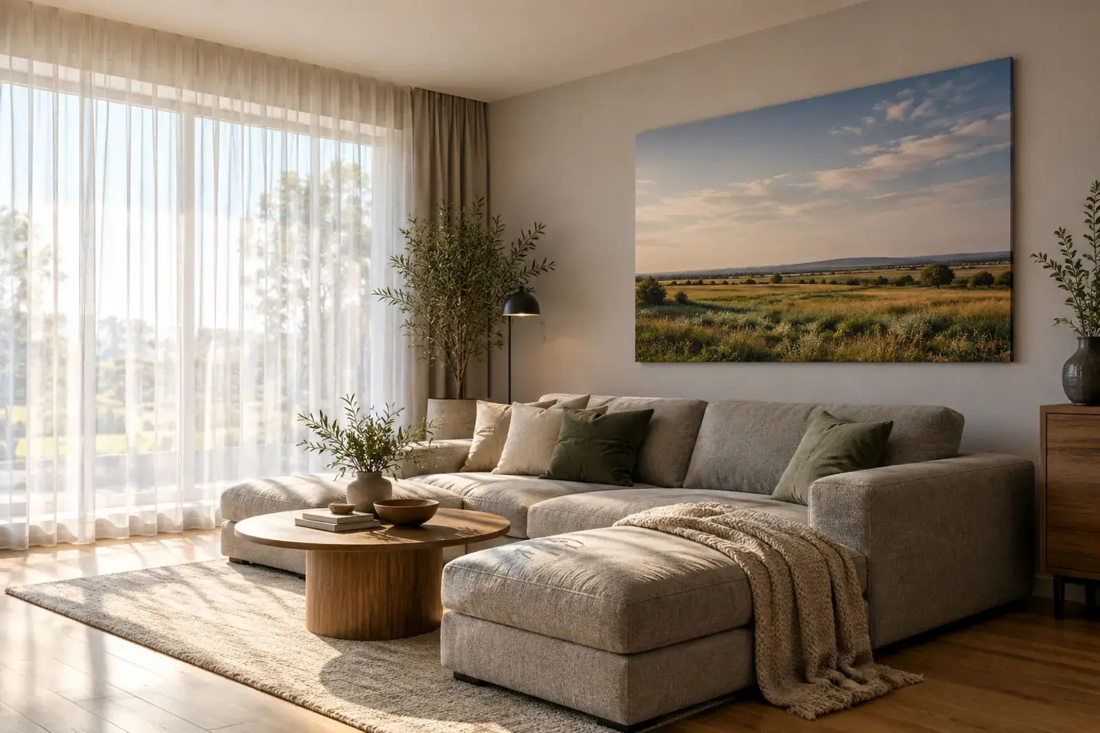 Living luminos cu un tablou canvas pe un perete lateral, ferit de lumina directă a soarelui care intră pe fereastră