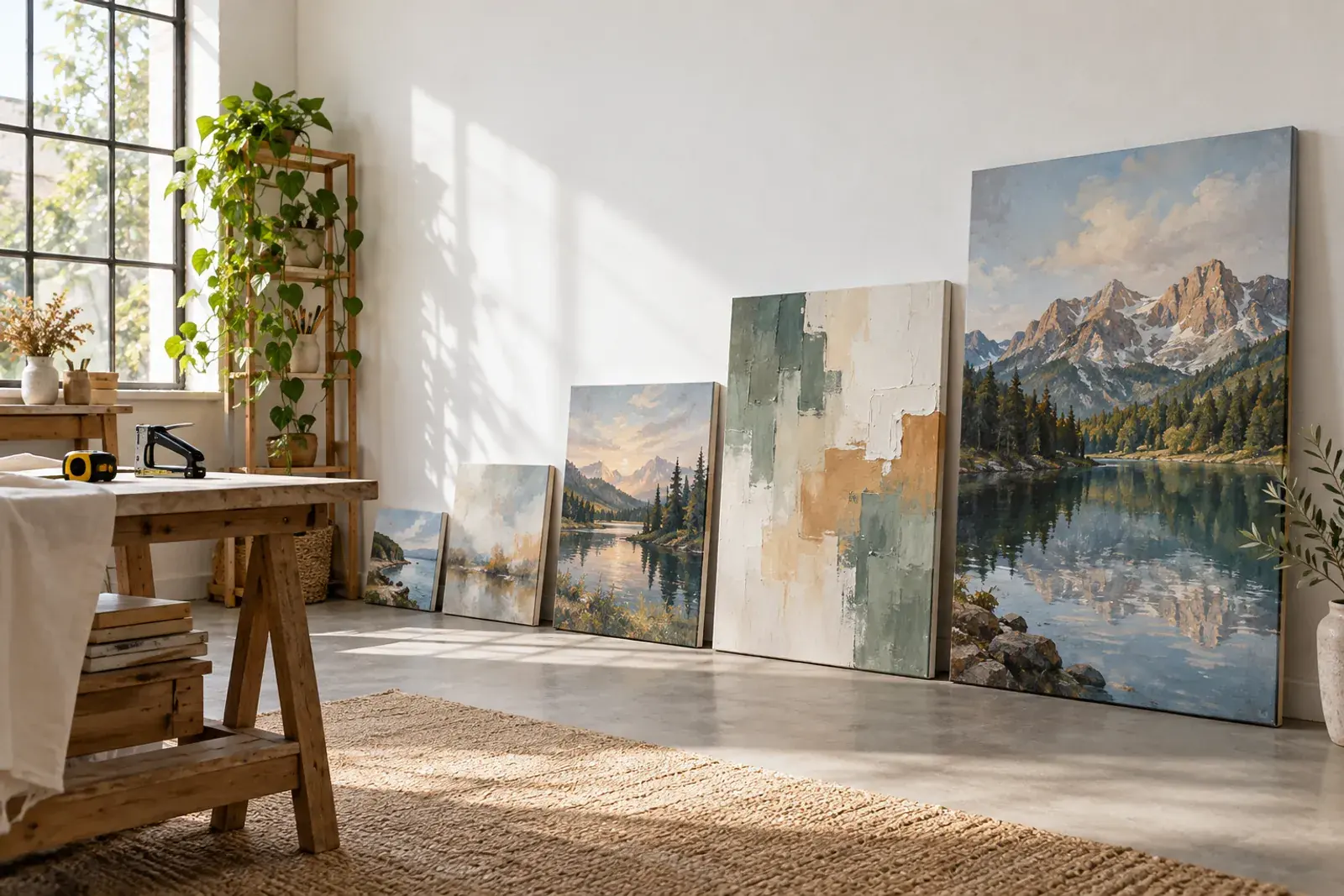 Tablouri canvas de dimensiuni diferite sprijinite în rând de peretele unui atelier